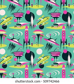 The space city of the future - vector seamless pattern. Space fabric design with rockets and modern city.