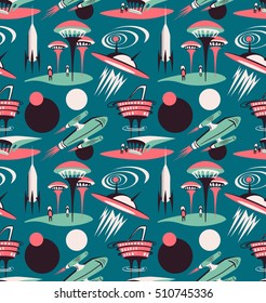 The space city of the future - vector seamless pattern. Space fabric design with rockets and modern city.