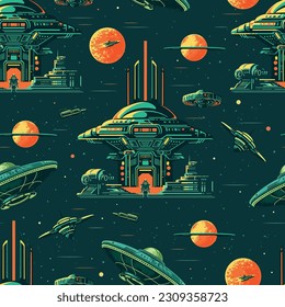 Space city seamless pattern colorful with futuristic buildings on distant planets and UFO flying saucers vector illustration