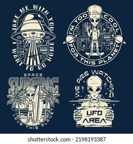 Space civilization set vintage sketch monochrome humanoids ride skateboard or surfboard and flying saucer attacks and abducts earthlings vector illustration