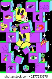 Space clap in the style of the 60s, psychedelic geometry. Vector crazy illustration. Smiley face, magic mushrooms, cosmos, techno, acid, trippy style. Psychedelic poster. Surrealism