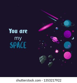 Space clipart. Small flat illustrations of planets, galaxies, stars, asteroids, comets, moon and lettering. Every objects are separate.
