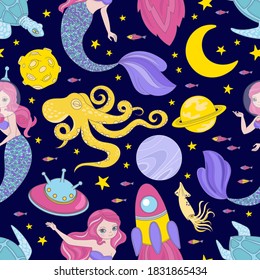 SPACE CLOTH Cartoon Cosmos Sea Galactic Mermaid Princess Journey Traveling Seamless Pattern Vector Illustration For Print