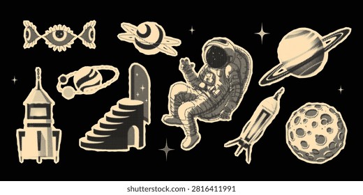 Space collage with halftone planets and astronaut exploring the cosmic universe. Vintage science stickers with moons, galaxy stars, retro grain texture and abstract astronomical vector illustration.