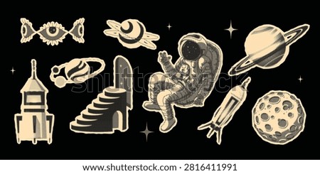 Space collage with halftone planets and astronaut exploring the cosmic universe. Vintage science stickers with moons, galaxy stars, retro grain texture and abstract astronomical vector illustration.