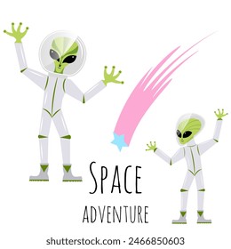 Space collection. Aliens in spacesuits on a white background. Space adventure. Children's adventures at a space party.