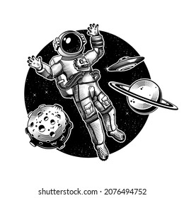 Colección espacial, Astronauta conduciendo a través del espacio. Ilustración de grabado de vectores.