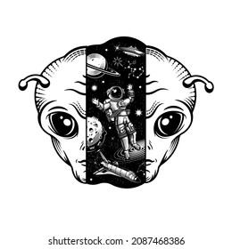 Space Collection, Astronaut Drifting Through Space. Alien Head. Vector Engraving Illustration.