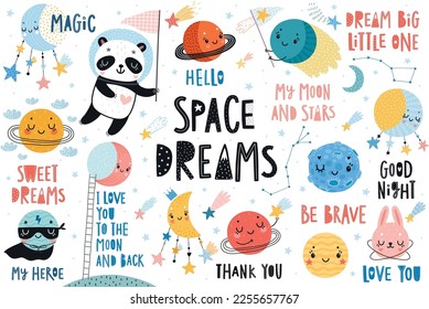 Space collection, childish hand drawn elements - moon, stars and planets. Vector illustration.