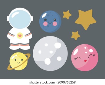 Space collection, cosmic set. Vector illustration isolated in cartoon style . Astronaut, planets, stars. For kids stuff, card, posters, banners, children books and print for clothes, t shirt, icons.