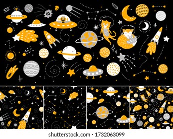space collection. planets, stars, rocket, aliens, moon and sun. for printing on the poster, design of a nursery, clothes and fabrics. Vector graphics