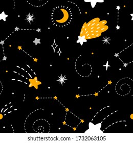 space collection. planets, stars, rocket, aliens, moon and sun. for printing on the poster, design of a nursery, clothes and fabrics. Vector graphics