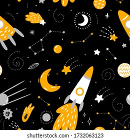 space collection. planets, stars, rocket, aliens, moon and sun. for printing on the poster, design of a nursery, clothes and fabrics. Vector graphics