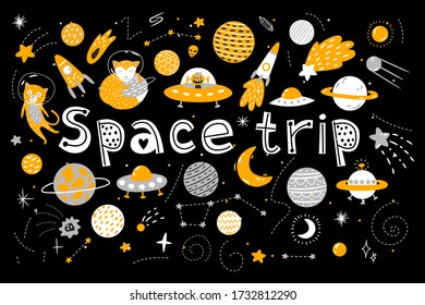 space collection. planets, stars, rocket, aliens, moon and sun. for printing on the poster, design of a nursery, clothes and fabrics. Vector graphics