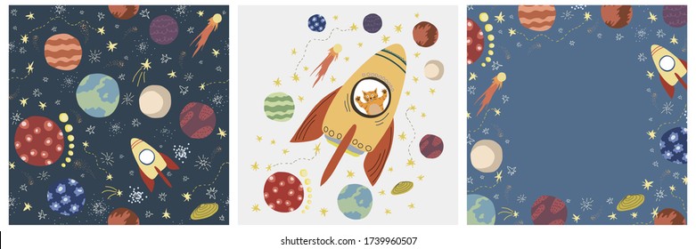 Space collection in scandinavian style. Greeting card and seamless pattern. Hand drawn space, rocket, star, planet, comets. Kids vector illustration on blue background.