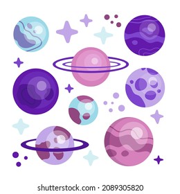 Space collection. Set of purple planets and stars. Vector isolated illustrations.