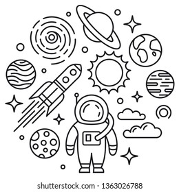 Space collection of vector linear drawings. Line art. Icon style. Flat line style. Isolated objects on white background. Astronaut, rocket, planets, sun, stars.