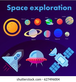 Space collection for you design: planets, the sun, rocket, ufo, satellite. Vector set in flat style.