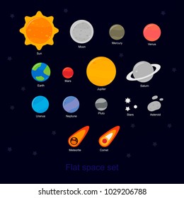Space collection for you design: solar system all planets and moons, the sun, stars, comets, meteor, constellation. Vector flat space illustration
