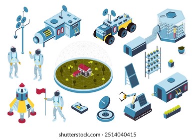 Space colonization 3d isometric mega set in isometry graphic design. Collection elements of astronauts, research science station, rockets, satellites, robot rover, bunker, other. Vector illustration.