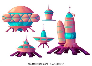 Space colonization cartoon vector set illustrations. Spaceships and rocket or shuttle for universe exploration, cosmic base and elements of alien settlement isolated on white background