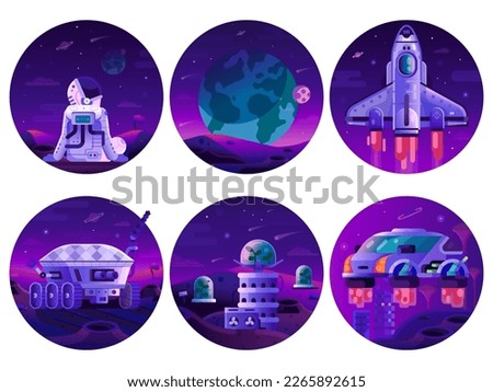 Space colonization circle icons with moon rover, shuttle, astronaut, futuristic flying car and planet surface. Universe exploring mission and discovering galaxy horizons gradient scenes collection.