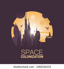 Space colonization.Big colony base in the desert.Negative space illustration