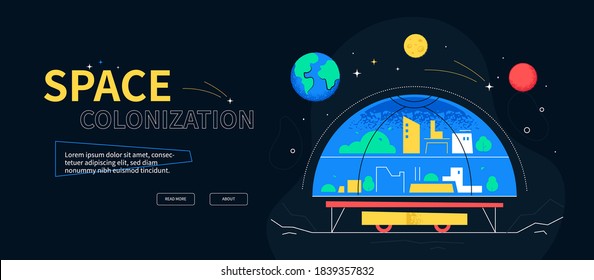 Space colonization - colorful flat design style web banner on black background with place for text. An illustration with planets, the Earth, moon and Mars. Galaxy, astronomy, cosmic exploration idea