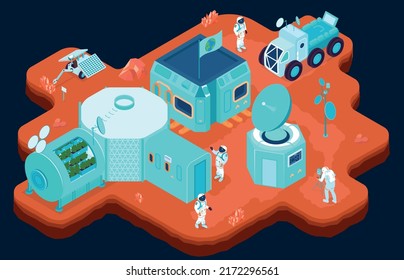 Space colonization composition with discovery and exploration symbols isometric vector illustration