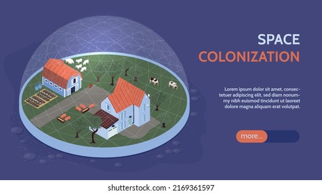 Space colonization horizontal banner with living settlement symbols isometric vector illustration