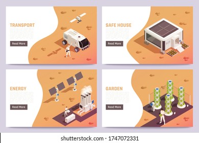 Space colonization isometric horizontal banners set with space transport garden house solar energy panels astronauts 3d isolated vector illustration