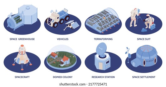 Colonia espacial conjunto isométrico de estaciones de investigación naves espaciales asentamiento en el espacio colonia aislada composiciones aisladas ilustración vectorial