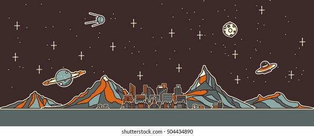 Space colonization panorama. Colony on other planet. Rounded lineart.