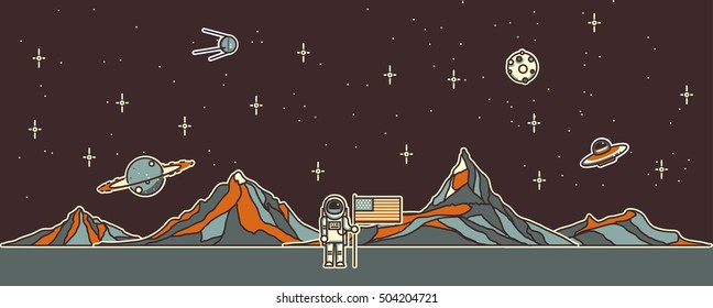 Space colonization panorama. USA Astronaut on other planet. Rounded lineart.