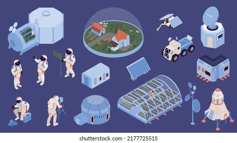 Colonización espacial con símbolos de asentamiento ilustraciones vectoriales aisladas isométricas