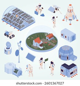 Space colonization set with settlement symbols isometric isolated vector illustration