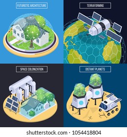 Space colonization terraforming isometric 2x2 design concept with conceptual images of space vehicles and ground modules vector illustration