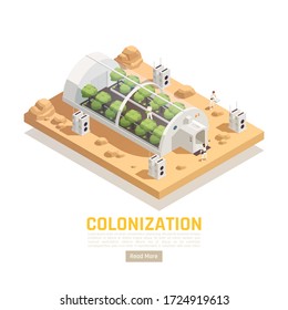 Space colonization terraforming isometric background with images of hothouse on extraterrestrial terrain editable text and button vector illustration