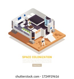 Space colonization terraforming isometric background with view of living module with people editable text and button vector illustration