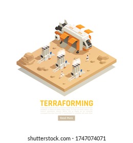 Space colonization terraforming isometric background with flying freight vehicle and power plants with people and text vector illustration