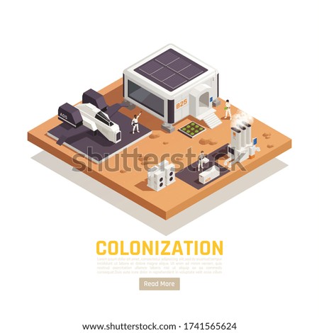 Space colonization terraforming isometric background with buildings on planet surface and human characters with flying vehicle vector illustration