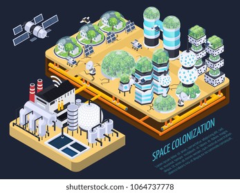 Space colonization terraforming isometric composition with images of plants and technical facilities with editable text description vector illustration