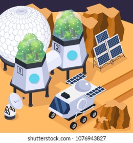 Space colonization terraforming isometric composition with rover vehicle solar arrays and other equipment on martian landform vector illustration