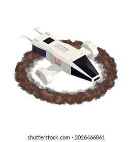 Space colonization terraforming isometric composition with spacecraft surrounded by circle of mould vector illustration