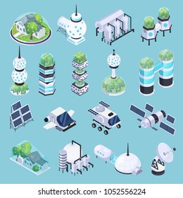 Space colonization terraforming isometric icons set with isolated images of rover vehicles satellites and modular ground buildings vector illustration