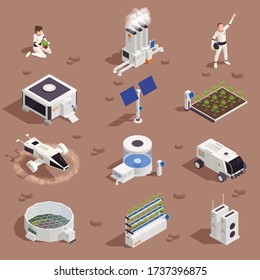 Space colonization terraforming isometric set with isolated extraterrestrial structures power plants flower beds people and vehicles vector illustration