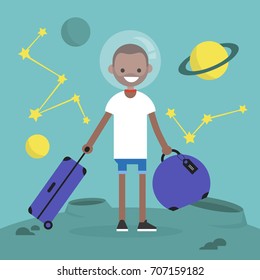 Space Colonization. Young character moving to mars with a luggage / flat editable vector illustration
