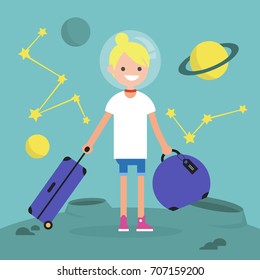Space Colonization. Young female character moving to mars with a luggage / flat editable vector illustration