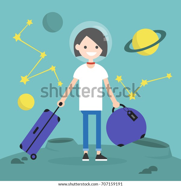 Space Colonization.
Young female character moving to mars with a luggage / flat
editable vector
illustration