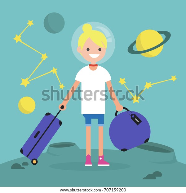 Space Colonization.\
Young female character moving to mars with a luggage / flat\
editable vector\
illustration